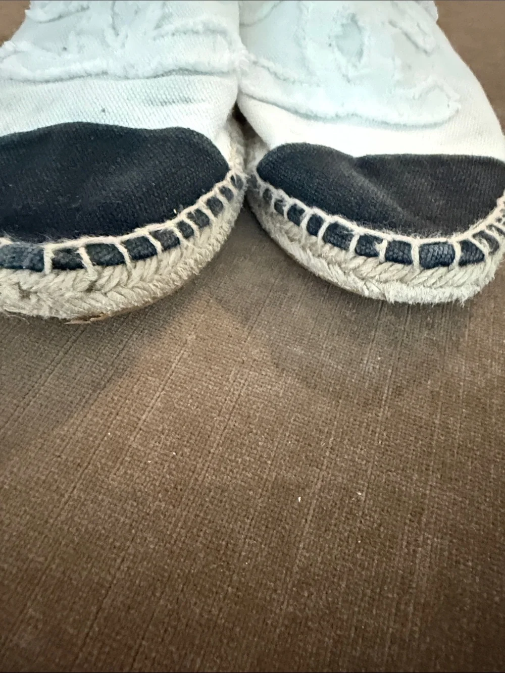 CHANEL White Canvas Espadrilles with Black Cap Toe and CC Logo
